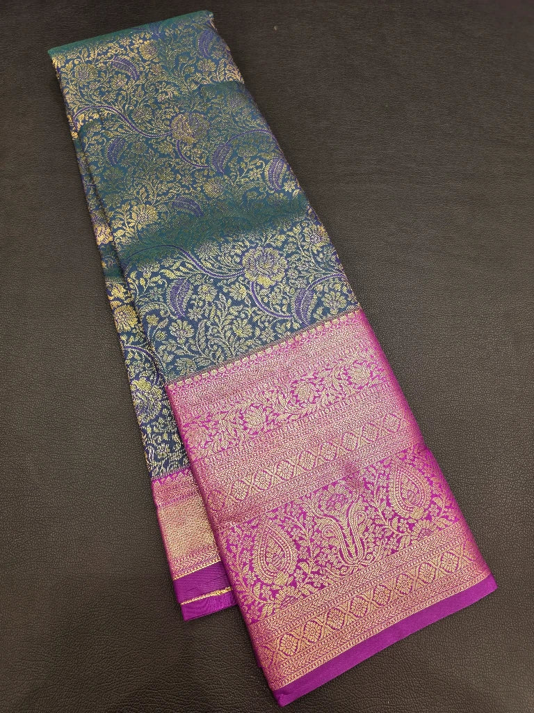 Peacock Green Semi Kanchipuram Silk Saree with Magenta Pink Gold Zari Border & Rich Pallu