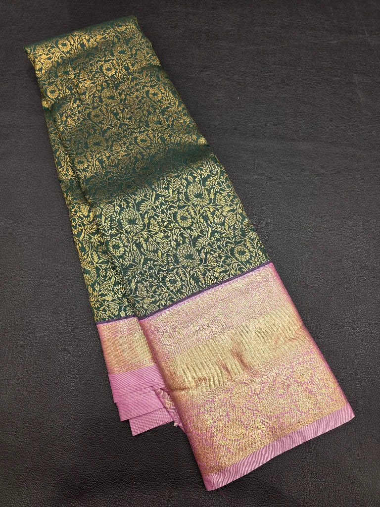 Emerald Green Semi Kanchipuram Silk Saree with Lavender Purple Gold Zari Border & Rich Pallu