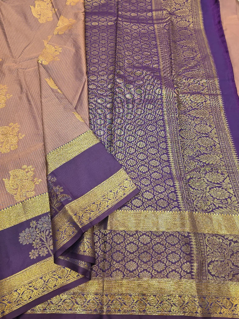 Dusty Rose Semi Kanchipuram Silk Saree with Royal Purple Zari Border & Rich Gold Floral Pallu