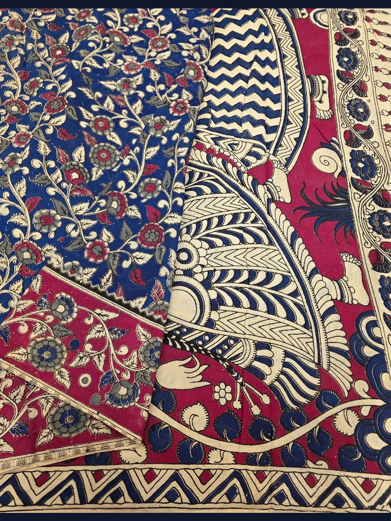 Royal Blue & Maroon Floral Kalamkari Saree with Traditional Peacock Design Pallu | Premium Kalamkari Collection