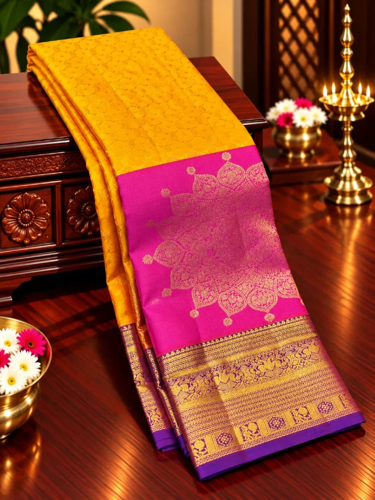 Royal Mustard Yellow Pure Kanchipuram Silk Saree with Pink & Purple Gold Zari Border | Bridal Saree