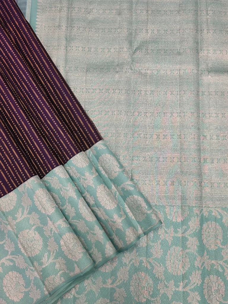 Royal Purple & Aqua Blue Pure Kanchipuram Silk Saree with Silver Zari Floral Border | Traditional Bridal Saree