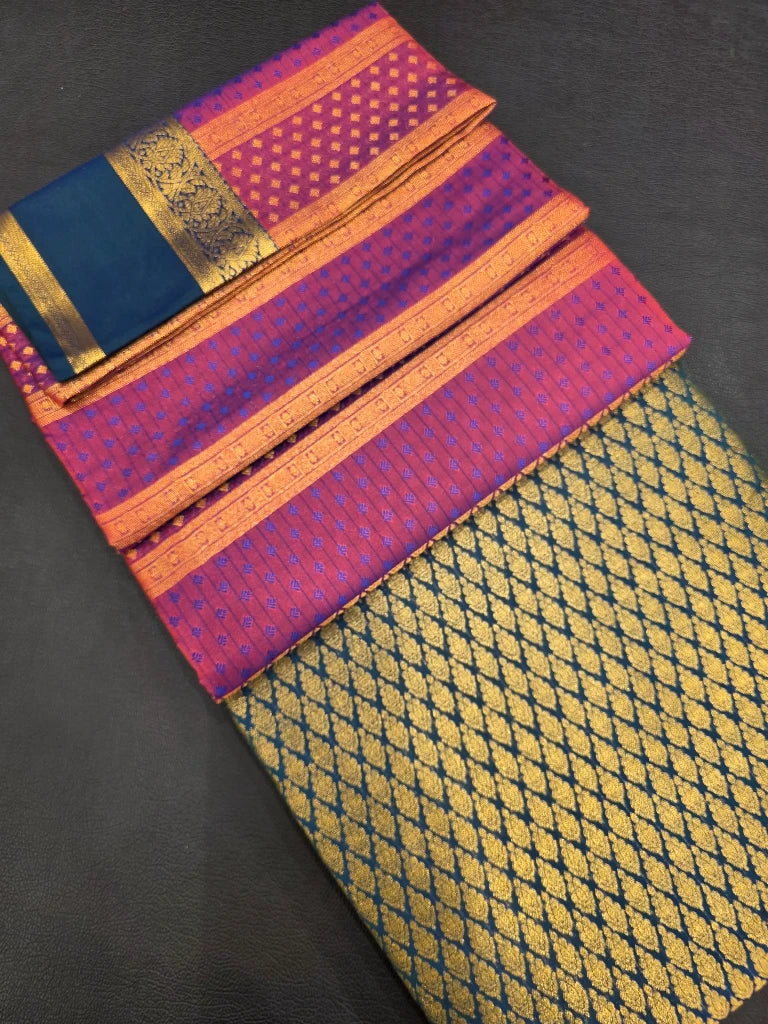 Coral Pink Semi Kanchipuram Silk Saree with Navy Blue Contrast Zari Border & Rich Gold Brocade Pallu