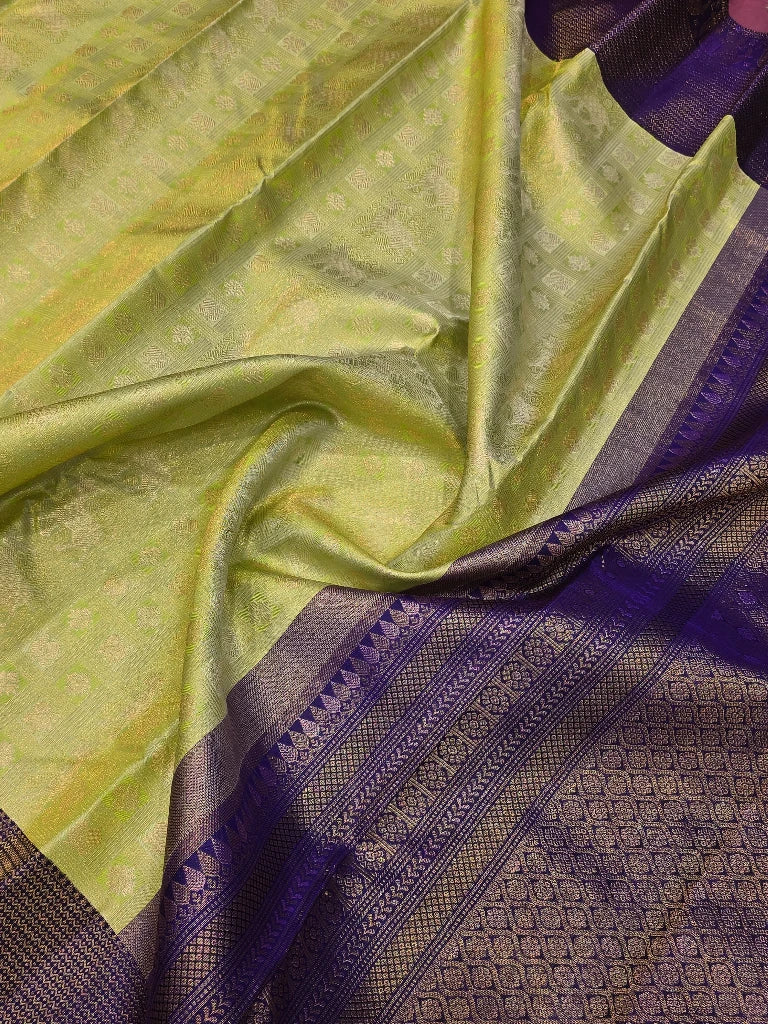 Parrot Green & Royal Purple Pure Kanchipuram Silk Saree with Gold Zari Elephant Border | Bridal Saree