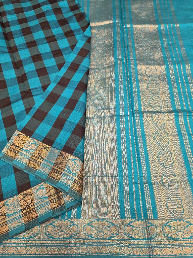 Turquoise Blue & Dark Brown Checks Semi Silk Cotton Saree with Rich Gold Zari Pallu | Kanchipuram Style