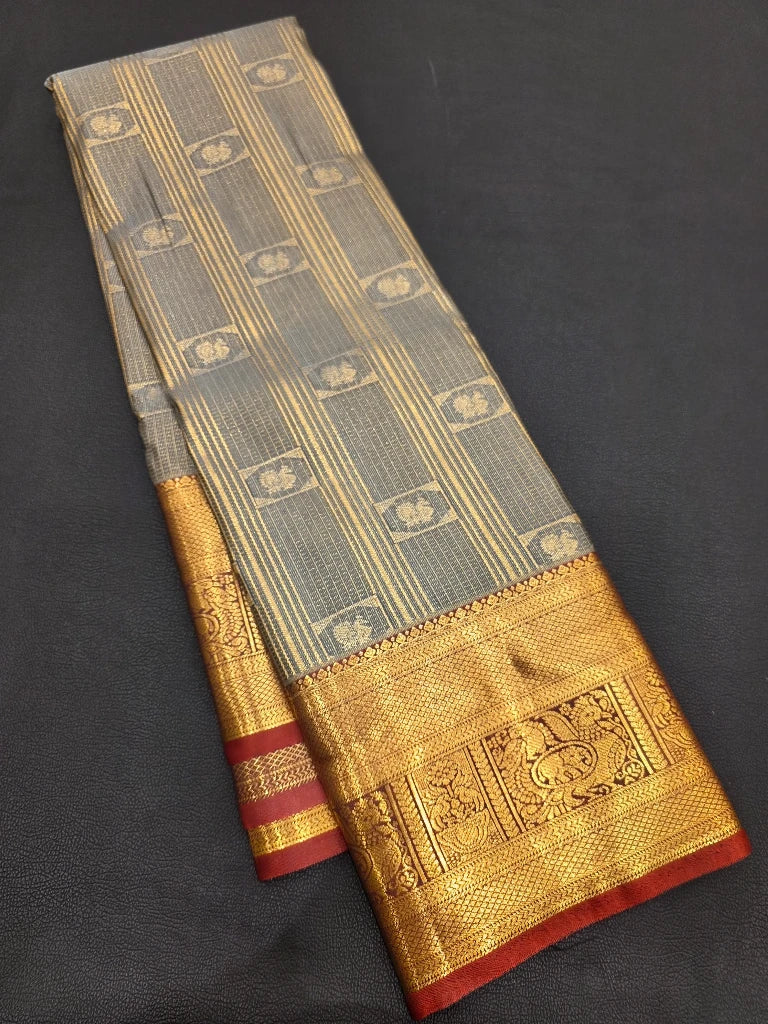Steel Grey Semi Kanchipuram Silk Saree with Maroon Contrast Gold Zari Border & Rich Traditional Pallu