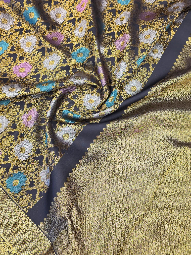 Royal Black Multicolor Floral Pure Kanchipuram Silk Saree with Rich Gold Zari Border | Bridal Silk Saree
