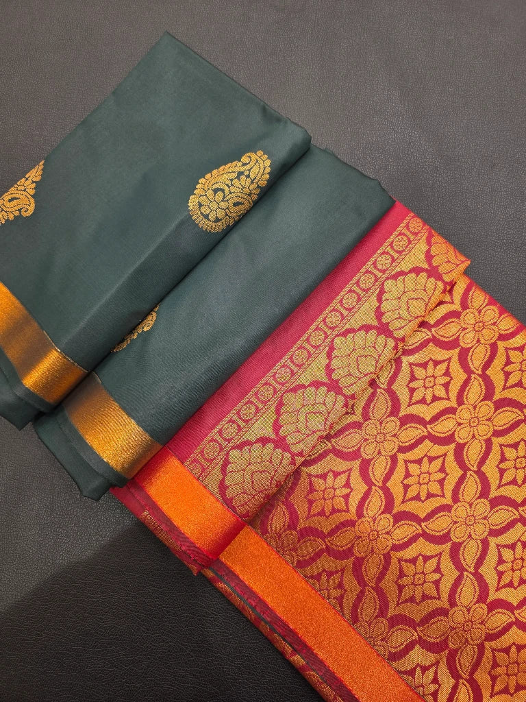Dark Teal Green Semi Kanchipuram Silk Saree with Gold Zari Paisley Buttas & Magenta Pink Brocade Pallu