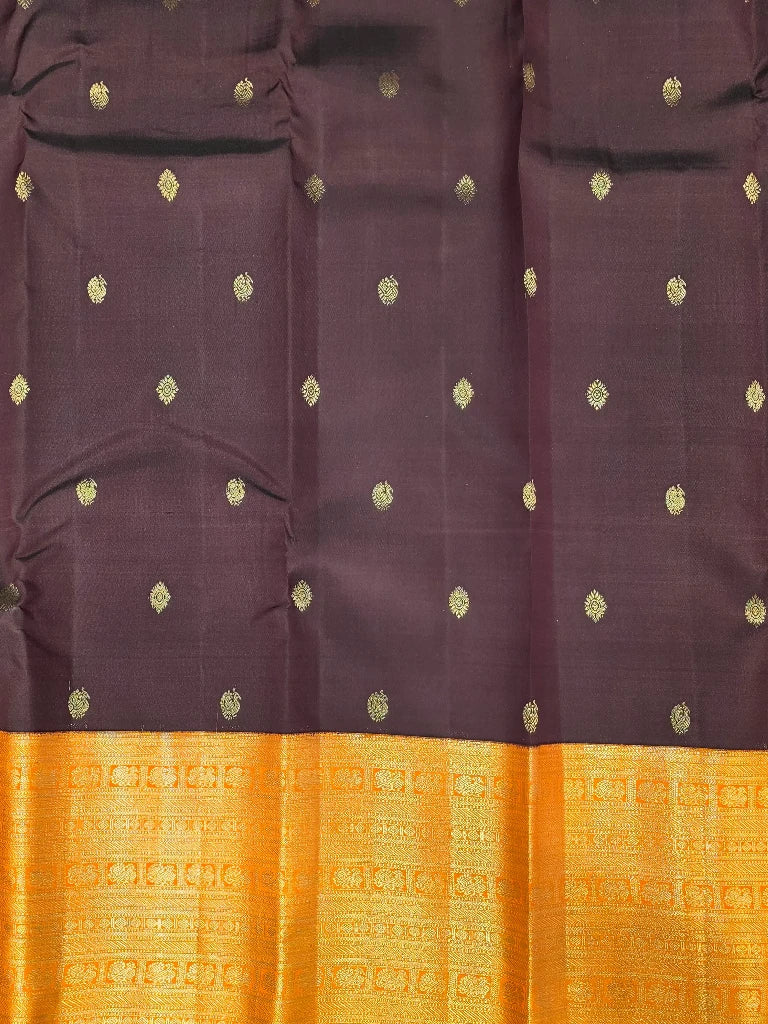 Dark Plum Pure Kanchipuram Silk Saree with Multicolor Checks Pallu & Gold Zari Border