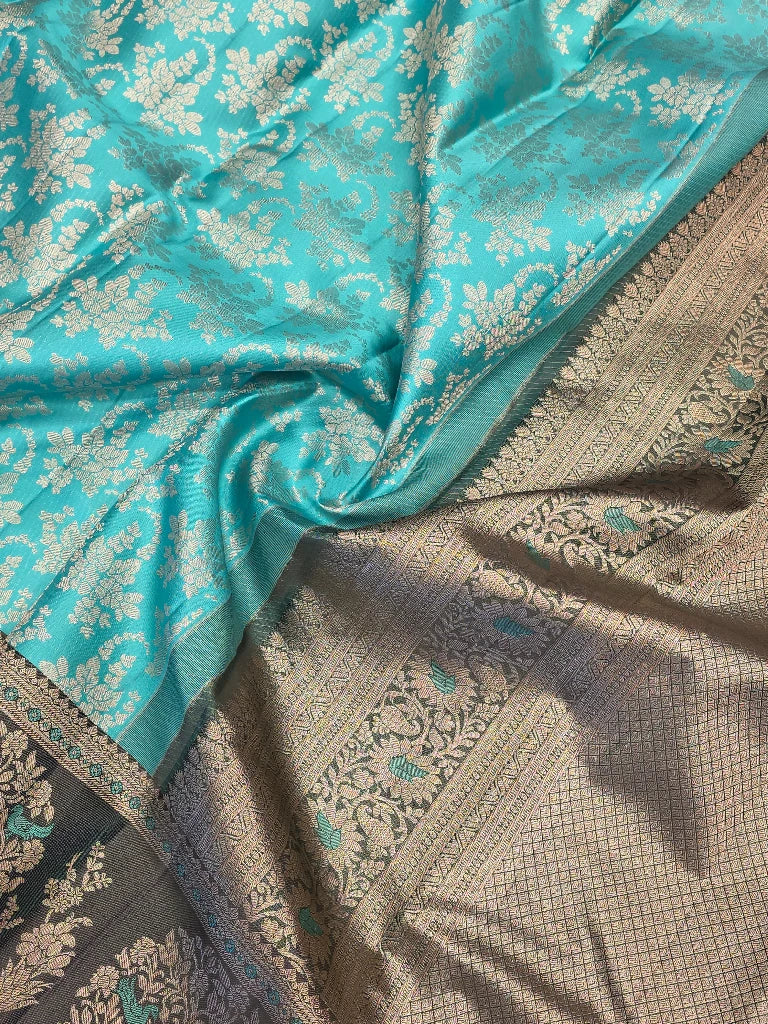 Turquoise Blue Pure Kanchipuram Silk Saree with Peacock Motifs & Dark Green Zari Border | Bridal Collection