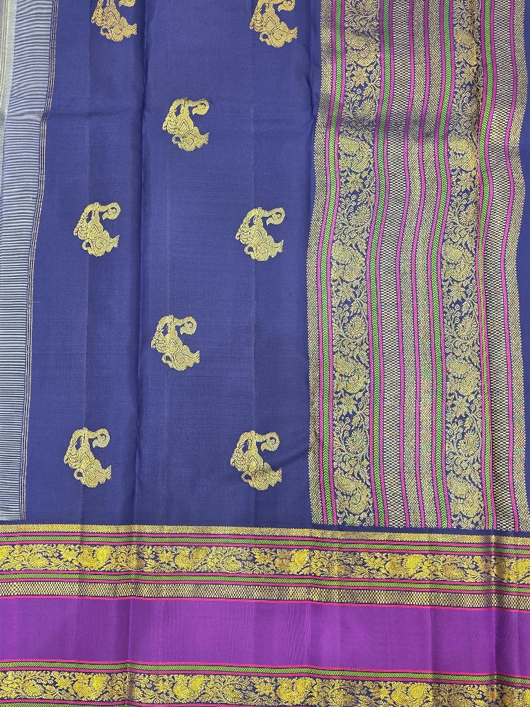 Ice Blue Pure Kanchipuram Silk Saree with Purple Zari Border & Peacock Pallu | Bridal Saree
