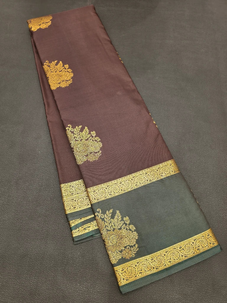 Wine Purple Semi Kanchipuram Silk Saree with Teal Blue Zari Border & Rich Gold Pallu