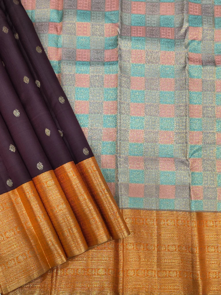 Dark Plum Pure Kanchipuram Silk Saree with Multicolor Checks Pallu & Gold Zari Border