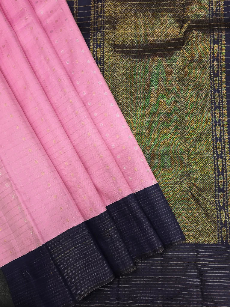 Baby Pink Pure Kanchipuram Silk Saree with Navy Blue Contrast Border | Traditional Bridal Saree