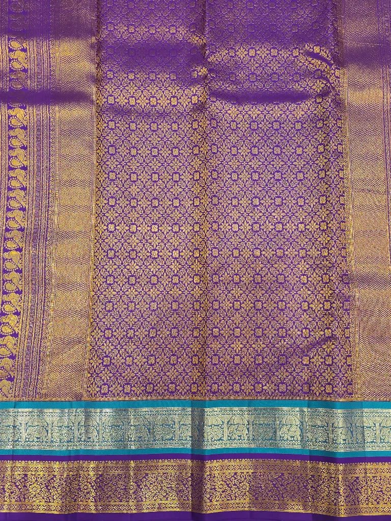 Red Pure Kanchipuram Silk Saree with Purple Peacock Zari Border & Rich Pallu | Bridal Saree