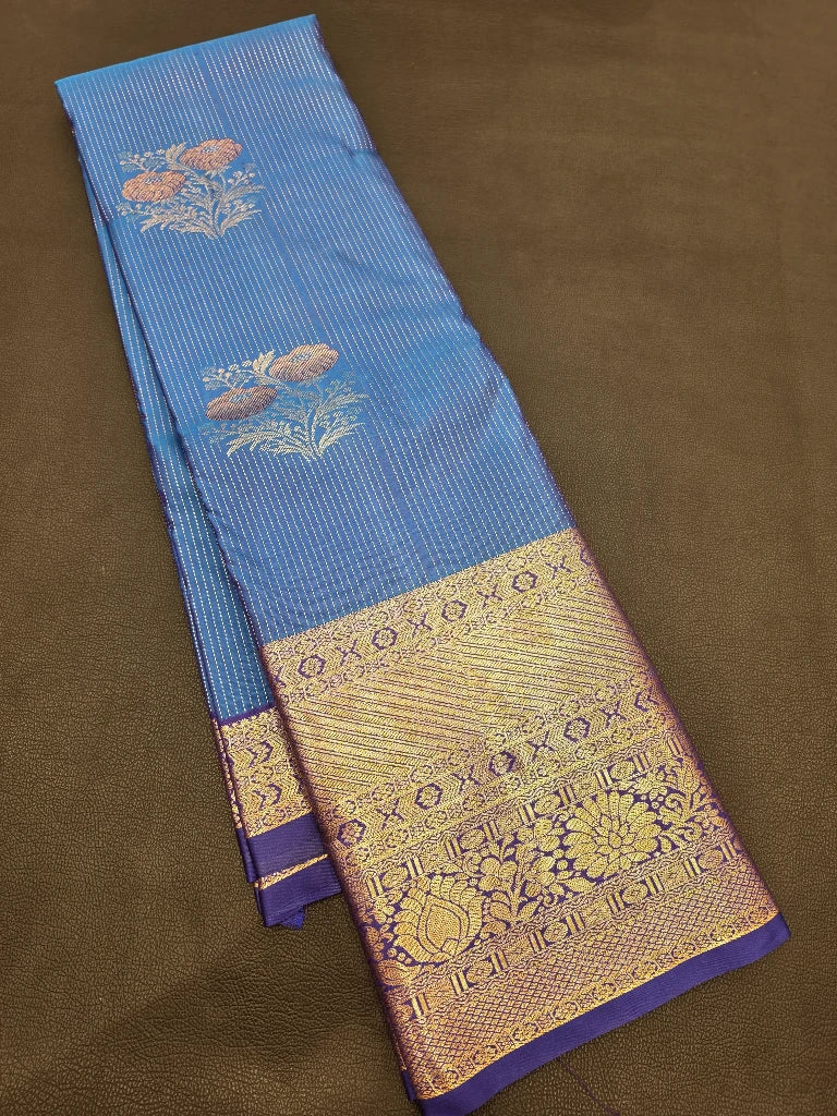 Sky Blue Semi Kanchipuram Silk Saree with Royal Purple Contrast Border & Rich Gold Zari Pallu