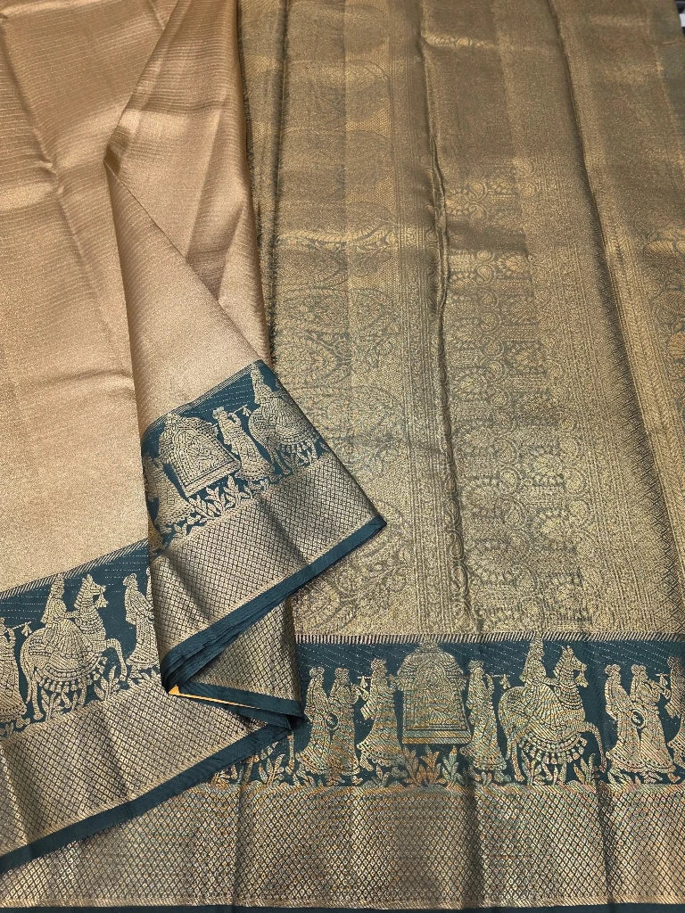 Champagne Gold Semi Kanchipuram Silk Saree with Peacock Green Horse & Elephant Zari Border