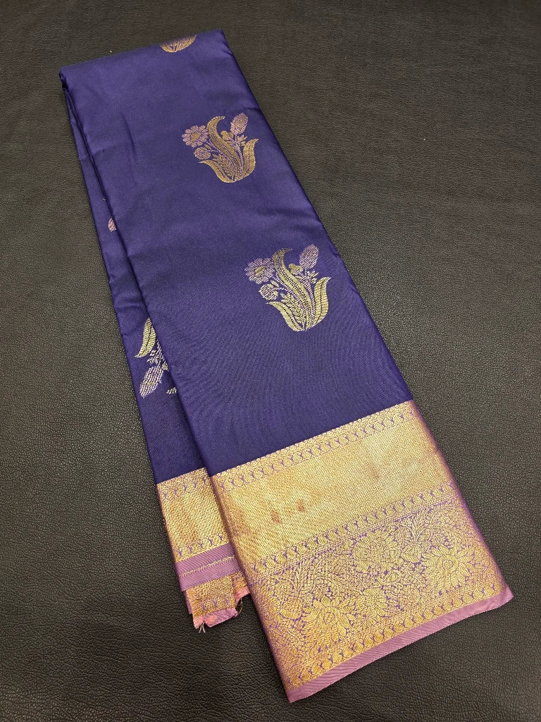 Royal Navy Blue Semi Kanchipuram Silk Saree with Lavender Gold Zari Border & Rich Brocade Pallu