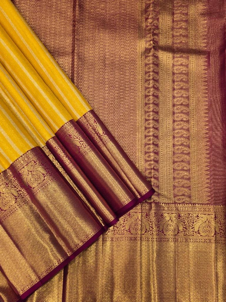 Mustard Yellow Pure Kanchipuram Silk Saree with Maroon Gold Zari Border | Traditional Bridal Saree
