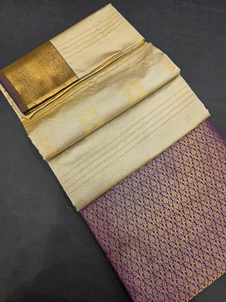 Ivory Cream Semi Kanchipuram Silk Saree with Royal Purple Contrast Zari Border & Rich Gold Brocade Pallu