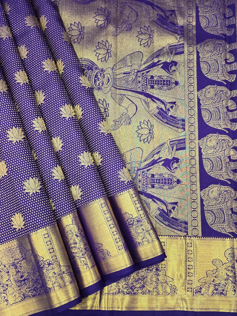 Royal Purple Pure Kanchipuram Silk Saree with Gold Zari Lotus & Elephant Border | Traditional Bridal Saree