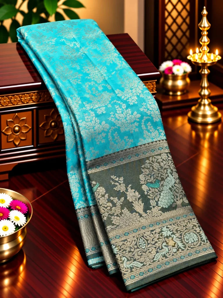 Turquoise Blue Pure Kanchipuram Silk Saree with Peacock Motifs & Dark Green Zari Border | Bridal Collection