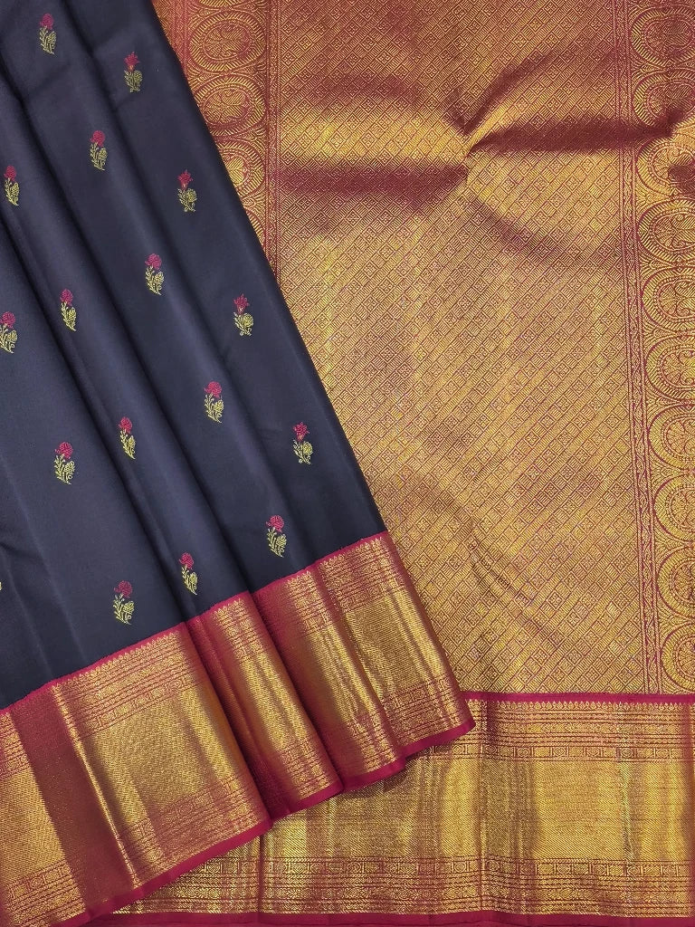 Midnight Navy & Magenta Pure Kanchipuram Silk Saree with Floral Buttas | Bridal Saree
