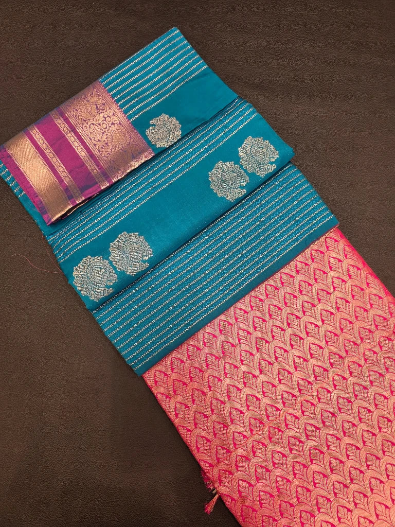 Peacock Blue Semi Kanchipuram Silk Saree with Magenta Purple Zari Border & Rich Red Pallu
