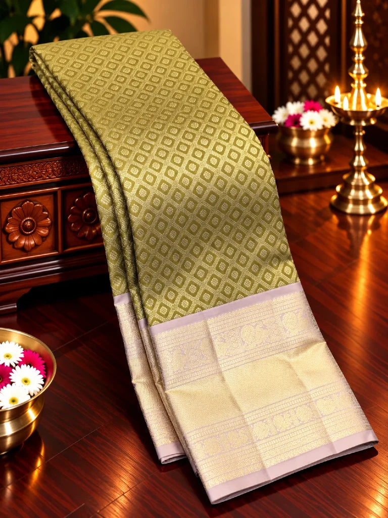 Royal Olive Green Pure Kanchipuram Silk Saree with Lavender Gold Zari Border | Traditional Bridal Saree