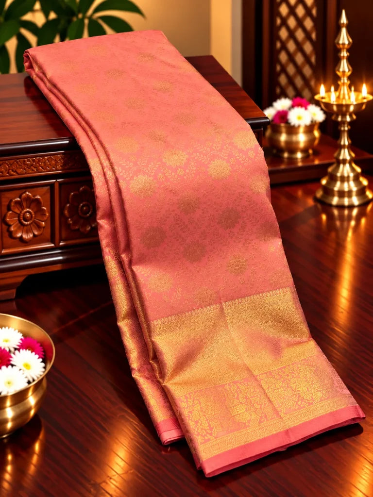Dusty Rose Pink Pure Kanchipuram Silk Saree with Antique Gold Zari Border & Floral Motifs | Bridal Silk