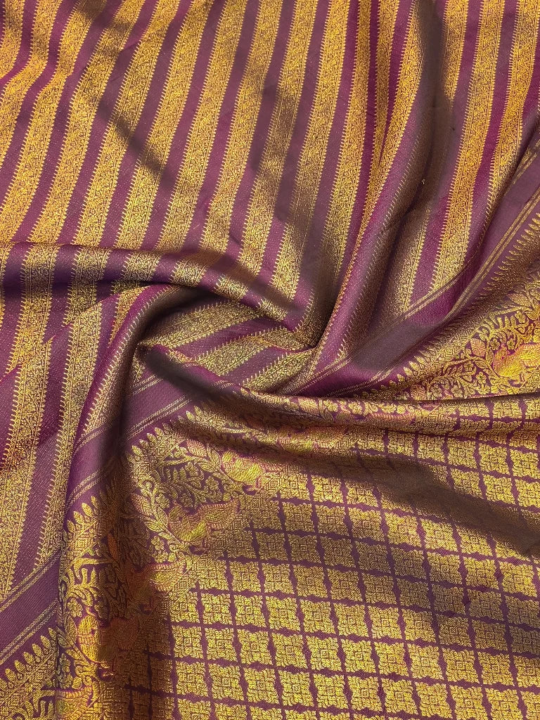 Royal Purple Pure Kanchipuram Silk Saree with Antique Gold Zari Border & Rich Floral Pallu | Bridal Collection