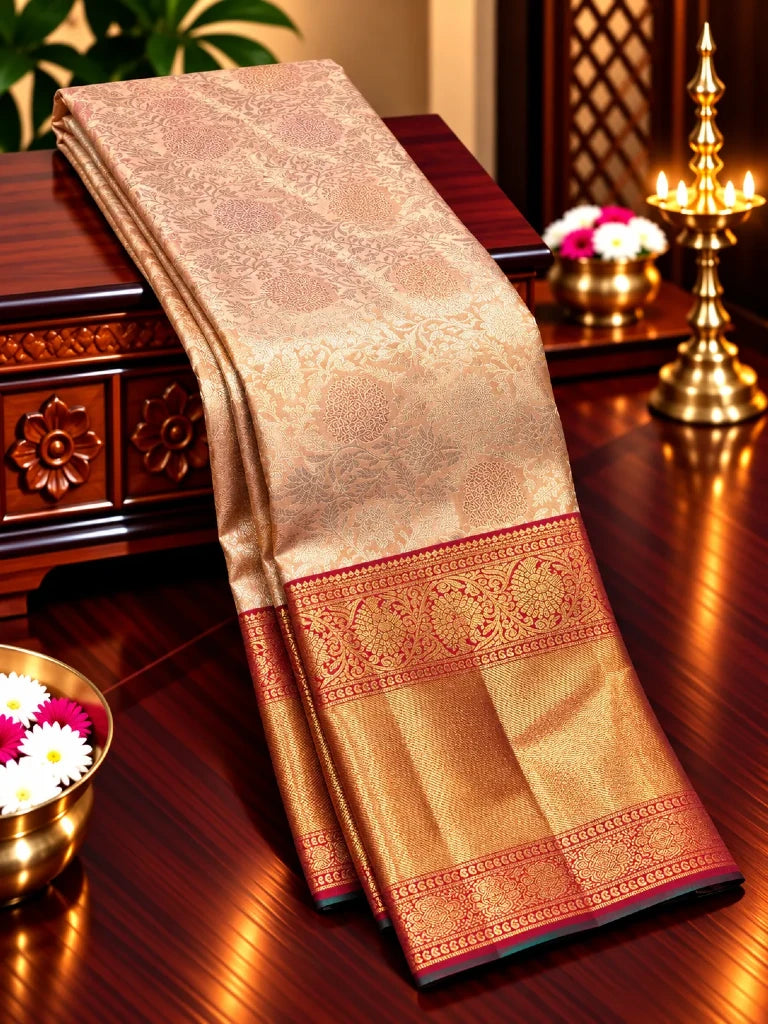 Ivory Gold Pure Kanchipuram Silk Saree with Maroon Contrast Border & Rich Gold Zari Pallu