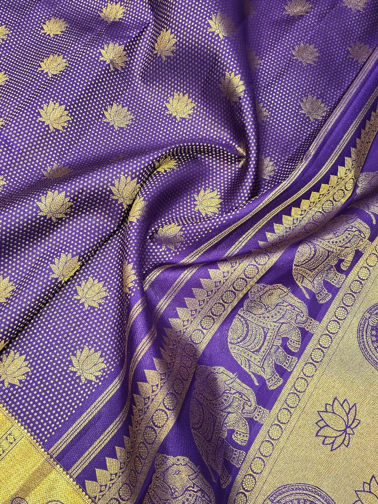 Royal Purple Pure Kanchipuram Silk Saree with Gold Zari Lotus & Elephant Border | Traditional Bridal Saree