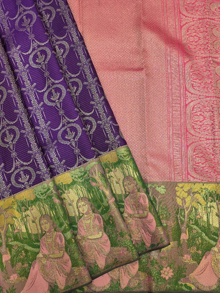Royal Purple Pure Kanchipuram Silk Saree with Radha Krishna Inspired Zari Border & Pink Pallu | Bridal Saree