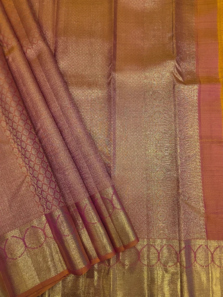 Royal Copper Rose Pink Pure Kanchipuram Silk Saree with Rich Gold Zari Border | Traditional Bridal Saree