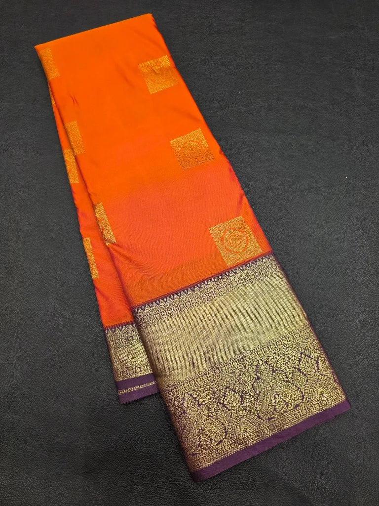 Royal Orange Semi Kanchipuram Silk Saree with Purple Gold Zari Border & Rich Bridal Pallu