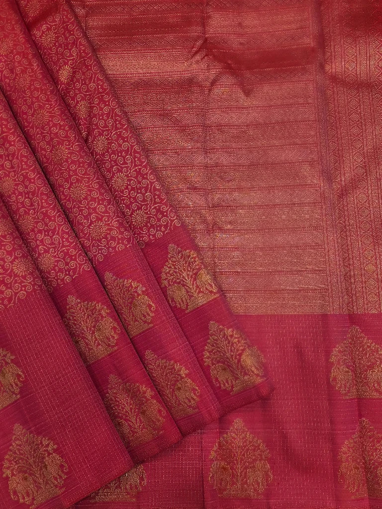 Royal Ruby Pink Pure Kanchipuram Silk Saree with Gold Zari Elephant Motif Border | Traditional Bridal Saree