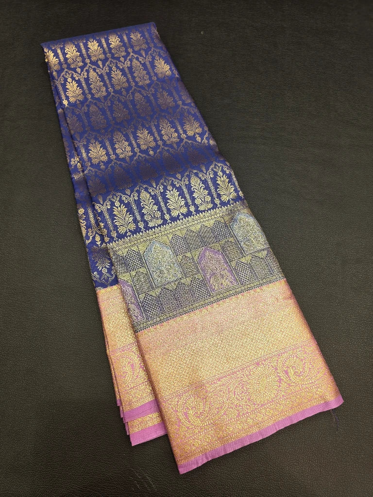Royal Blue Semi Kanchipuram Silk Saree with Lavender Pink Gold Zari Border & Rich Pallu