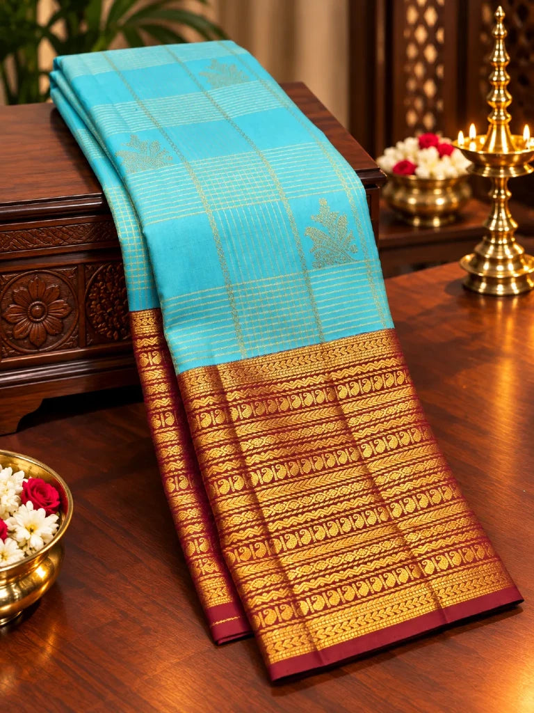 Sky Blue Pure Kanchipuram Silk Saree with Maroon Gold Zari Border | Traditional Bridal Silk Saree
