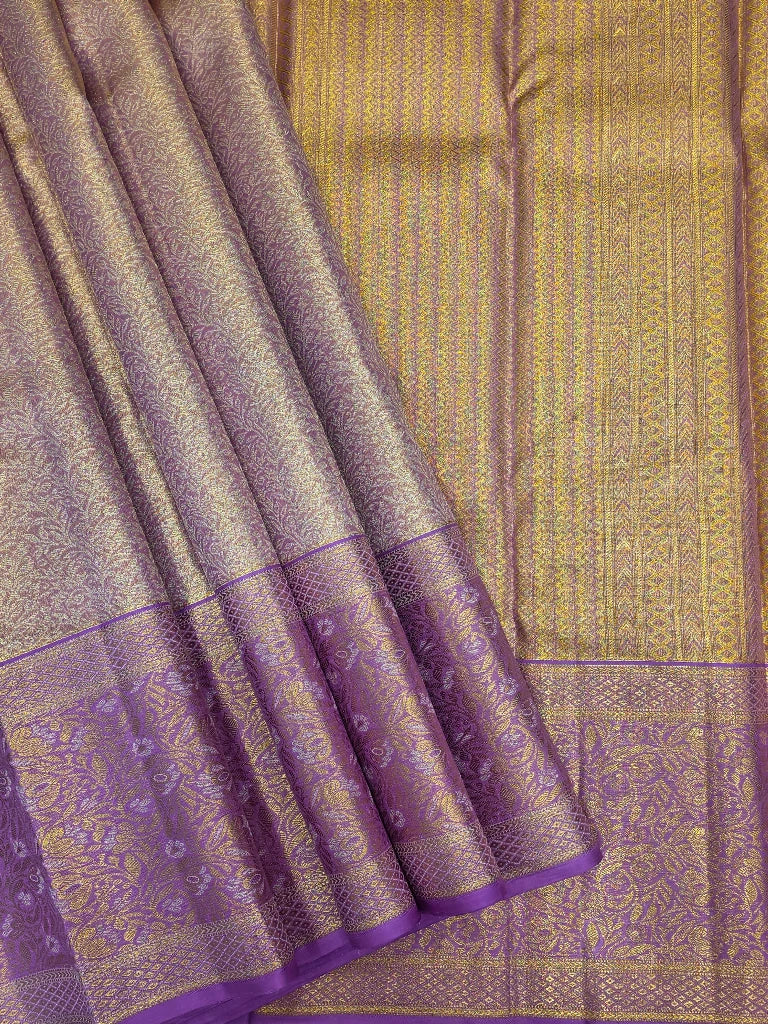 Royal Lavender Purple Pure Kanchipuram Silk Saree with Rich Gold Zari Floral Brocade | Bridal Saree
