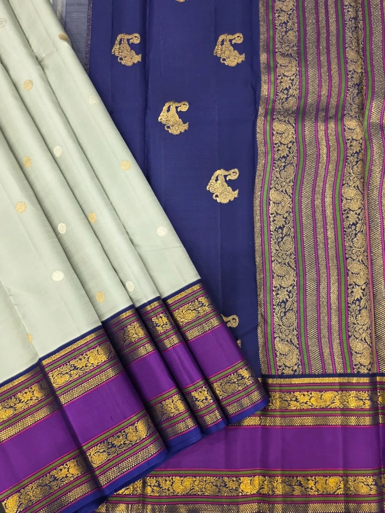 Ice Blue Pure Kanchipuram Silk Saree with Purple Zari Border & Peacock Pallu | Bridal Saree