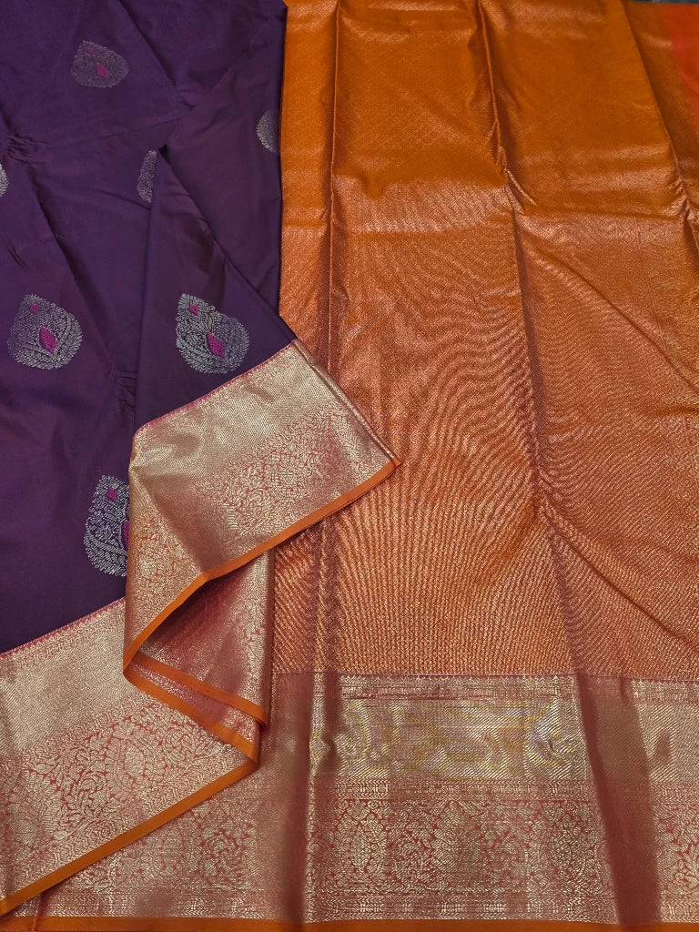 Deep Purple Semi Kanchipuram Silk Saree with Orange Gold Zari Border & Rich Traditional Pallu