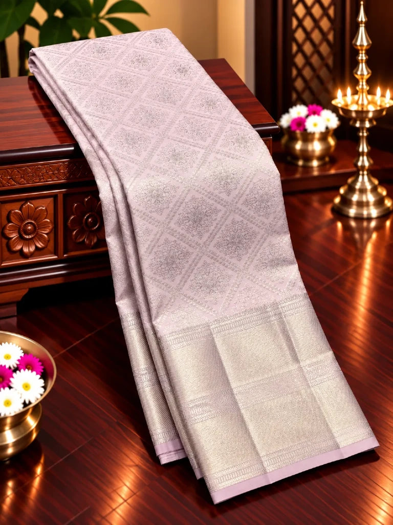 Pastel Pink Pure Kanchipuram Silk Saree with Silver Zari Border & Rich Traditional Pallu