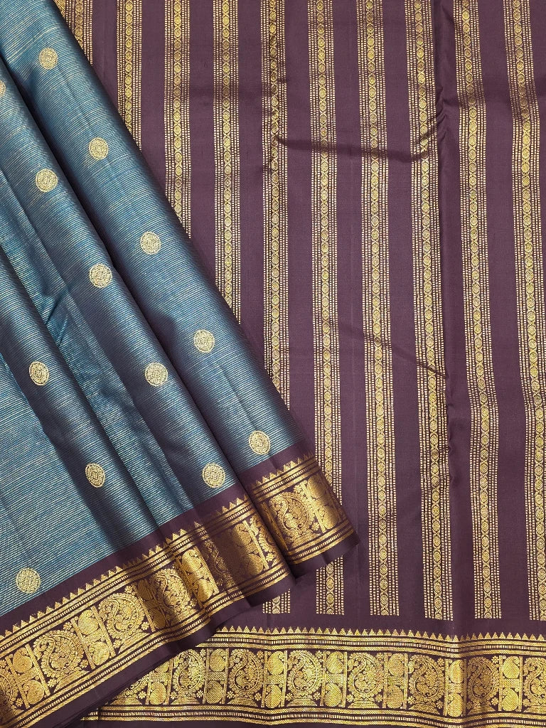 Royal Teal Blue Pure Kanchipuram Silk Saree with Wine Purple Contrast Border & Gold Zari Buttas | Bridal Silk