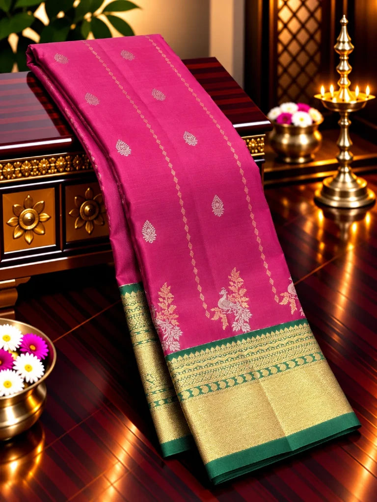 Rani Pink & Emerald Green Pure Kanchipuram Silk Saree with Peacock Zari | Bridal Saree