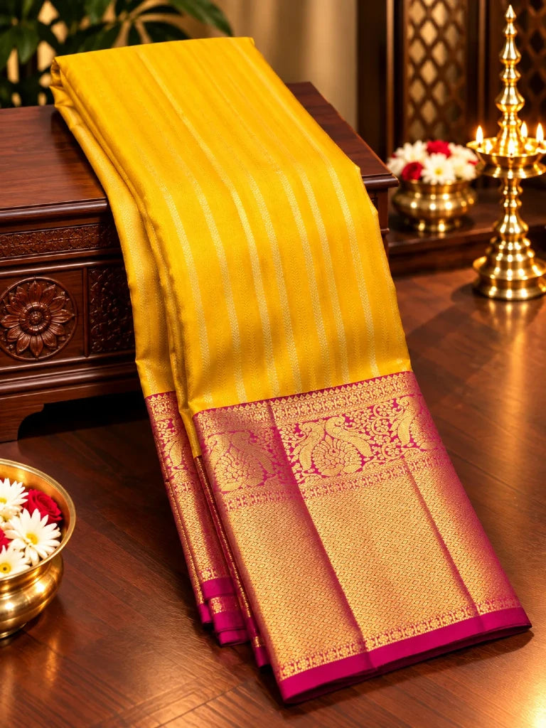 Mustard Yellow Pure Kanchipuram Silk Saree with Maroon Gold Zari Border | Traditional Bridal Saree