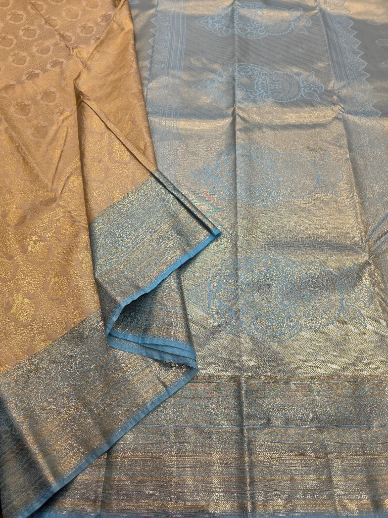 Champagne Gold Semi Kanchipuram Silk Saree with Ice Blue Zari Border & Rich Floral Pallu