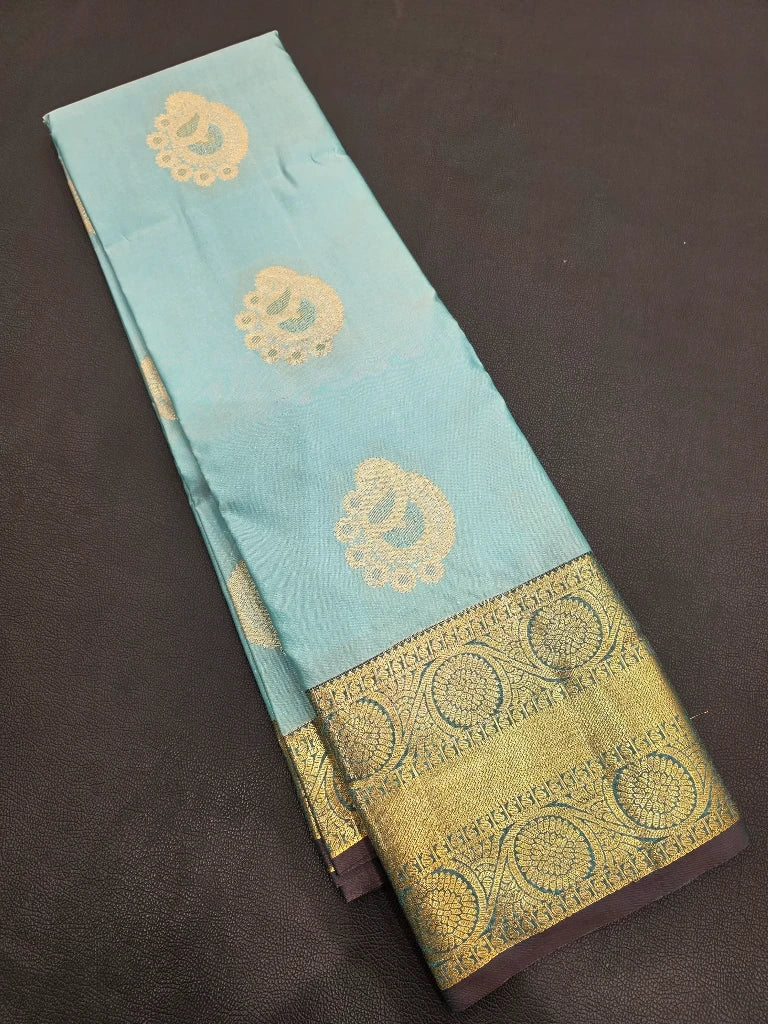 Sky Blue Semi Kanchipuram Silk Saree with Antique Gold Zari Border & Rich Brocade Pallu