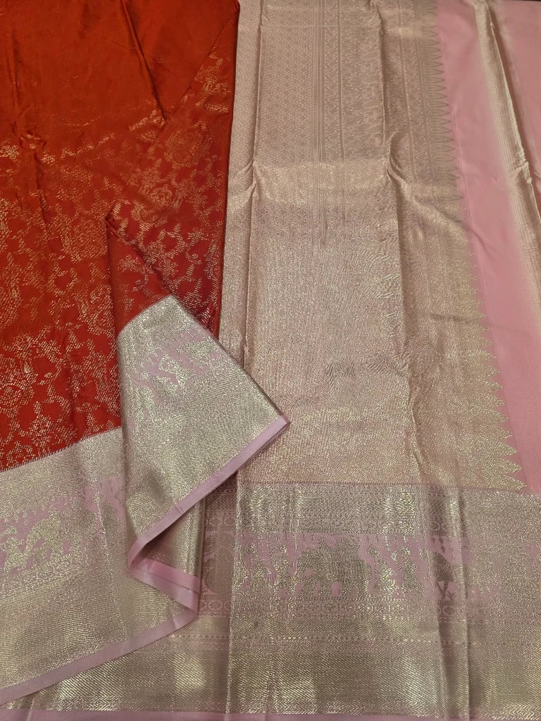 Rust Orange Semi Kanchipuram Silk Saree with Rose Pink Gold Zari Border & Rich Elephant Pallu