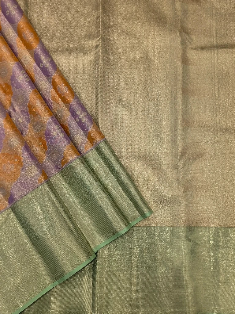Multicolor Floral Pure Kanchipuram Silk Saree with Sage Green Zari Border & Rich Gold Pallu